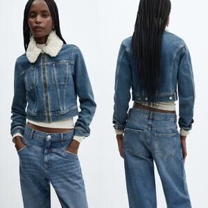 NWT Mango Denim Jacket Medium Wash Blue Jean With Shearling Collar Zip Up Sz XL